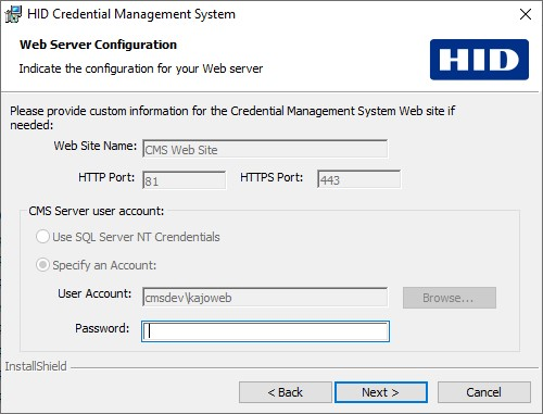 HID Credential Management System Web Server Configuration dialog box where you can enter the Password for the CMS Server User Account 